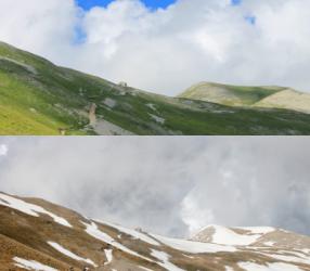 Monte Vettore e Rifugio Zilioli rispettivamente a Luglio 2020 e Aprile 2019. Foto by SARA TRENTA